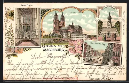 Lithographie Magdeburg, Dom, Domchor, Breiter Weg, Kriegerdenkmal