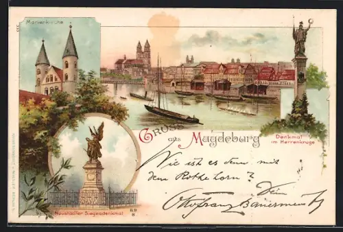 Lithographie Magdeburg, Marienkirche, Neustädter Siegesdenkmal, Denkmal im Herrenkrug