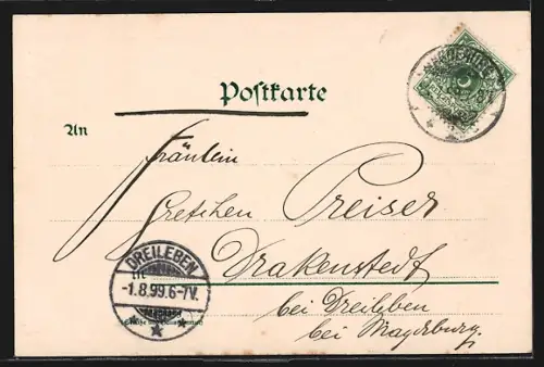 Lithographie Magdeburg, Marienkirche, Neustädter Siegesdenkmal, Denkmal im Herrenkrug