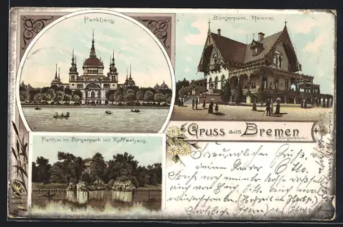 Lithographie Bremen, Parkhaus, Meierei im Bürgerpark, Partie mit Kaffeehaus