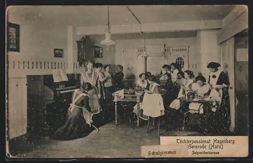 AK Gernrode /Harz, Töchterpensionat Hagenberg, Schulzimmer, Schneiderkurs