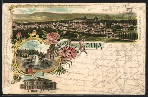 Lithographie Gotha, Theater, Ortspanorama