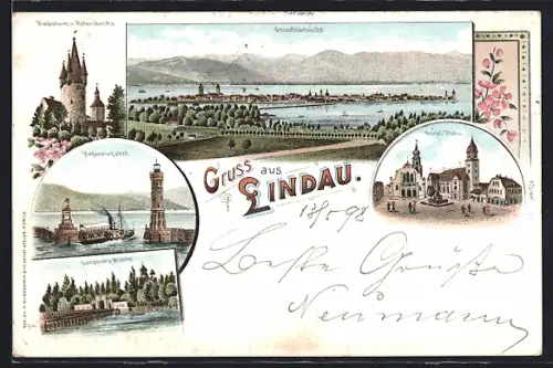 Lithographie Lindau / Bodensee, Hafeneinfahrt, Marktplatz, Diebsturm m. Peterskirche
