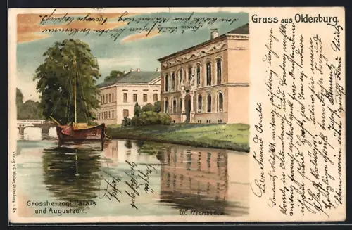 Lithographie Oldenburg / Gr., Grossherzogliches Palais und Augusteum, Elisabethstrasse