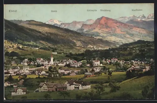 AK Ebnat, Ortsansicht mit Säntis, Lütisspitz, Stockberg und Kurfirsten