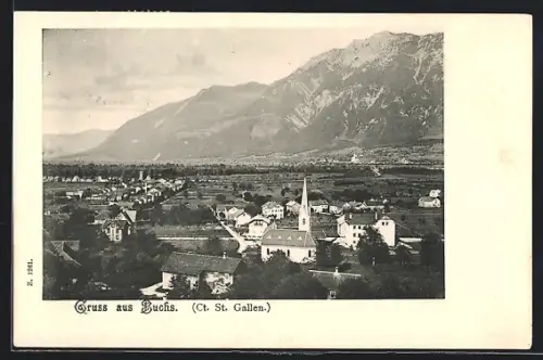 AK Buchs /St. Gallen, Blick über den Ort gegen die Berge