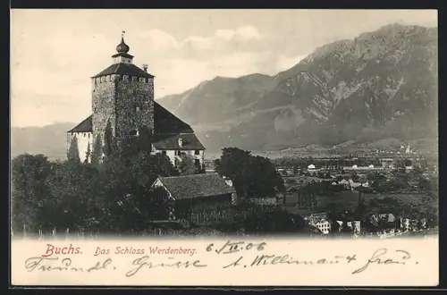 AK Buchs /SG, Schloss Werdenberg, Gesamtansicht mit Tal im Hintergrund