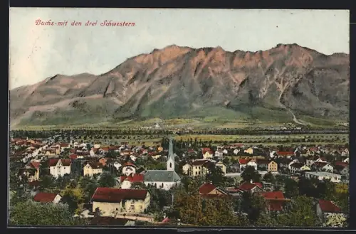 AK Buchs /SG, Ortsansicht mit Kirche gegen die drei Schwestern