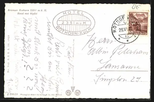 AK Brienz, Brienzer Rothorn, Hotel Rothorn Kulm mit Gipfel