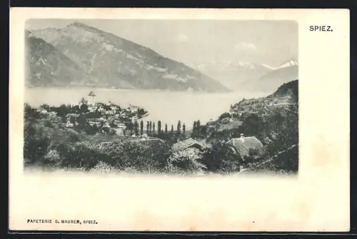 AK Spiez, Ortsansicht mit Bergpanorama