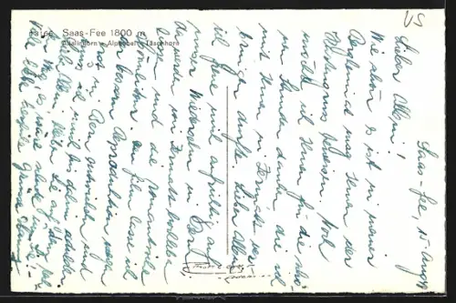 AK Saas-Fee, Ortspartie mit Allalinhorn, Alphubel und Täschhorn