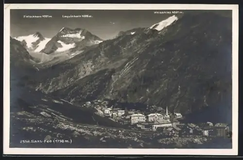 AK Saas-Fee, Gesamtansicht mit Gipfelpanorama aus der Vogelschau
