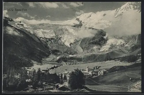 AK Saas-Fee, Panorama mit Kirche
