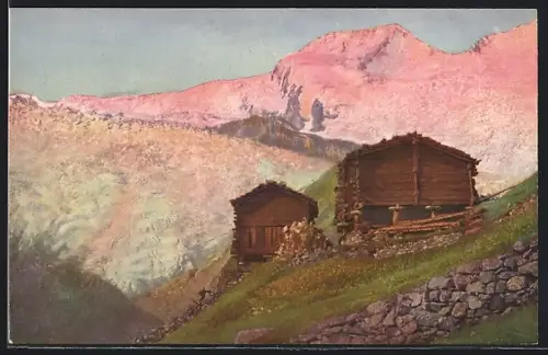 AK Saas-Fee, Ortspartie mit Alphubel mit Feegletscher