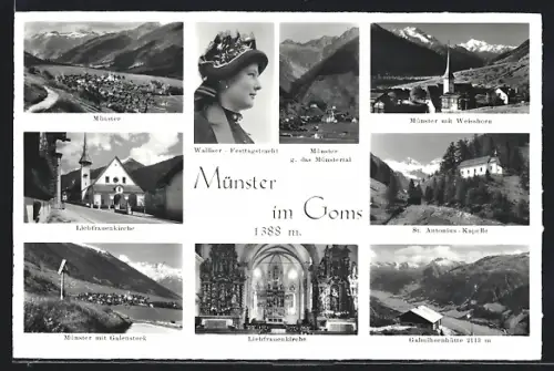 AK Münster im Goms, Liebfrauenkirche, St. Antonius-Kapelle, Galmihornhütte, Dame in Walliser-Festtagstracht