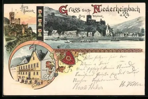 Lithographie Niederheimbach a. Rh., Burg Sooneck, Burg Hoheneck, Gasthaus