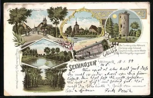 Lithographie Seehausen i. Altmark, Bahnhof, Am neuen Tor, Schillerhain