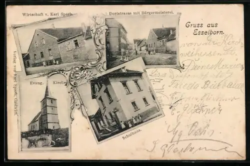 AK Esselborn, Gasthaus v. Karl Speth, Dorfstrasse mit Bürgermeisterei, Evang. Kirche, Schulhaus