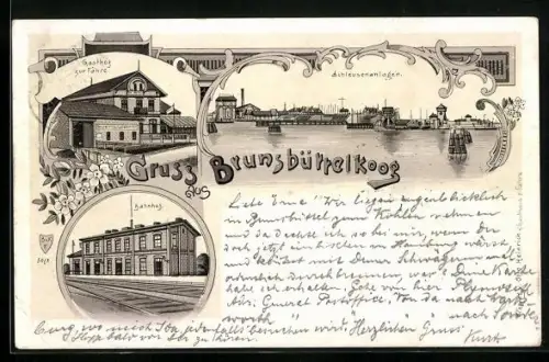 Lithographie Brunsbüttelkoog, Bahnhof, Schleusenanlagen, Gasthaus zur Fahre