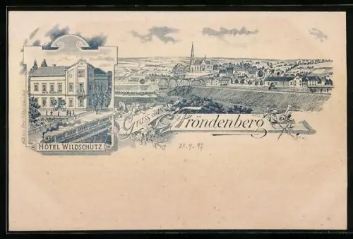 Lithographie Fröndenberg, Hotel Wildschütz, Stadtansicht mit Kirche