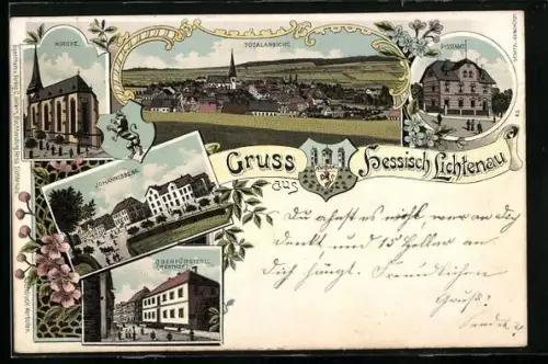 Lithographie Hessisch Lichtenau, Kirche, Postamt, Johannesberg, Oberförsterei