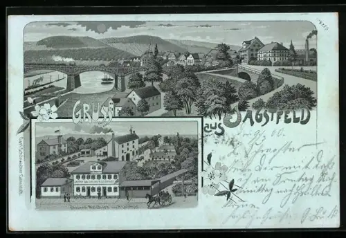 Mondschein-Lithographie Jagstfeld, Gasthaus Waldhorn, Bes. H. Leibfried, Teilansicht