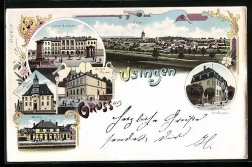 Lithographie Usingen, Schloss, Landratsamt, Bahnhof, Lehrer-Seminar