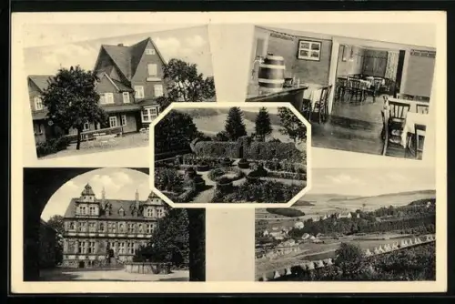 AK Friedewald / Westerwald, Café-Restaurant Schneider, Schloss, Gartenansicht, Ortsansicht