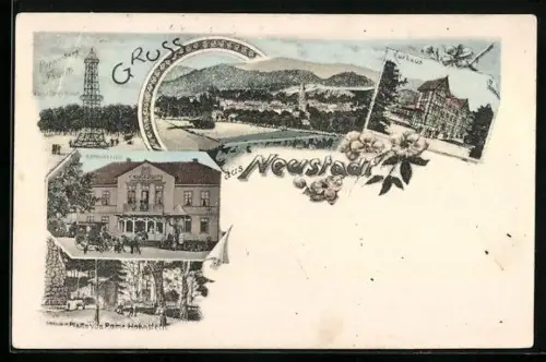 Lithographie Neustadt /Ilfeld, Restaurant Ratskeller, Poppenberg-Turm, Kurhaus