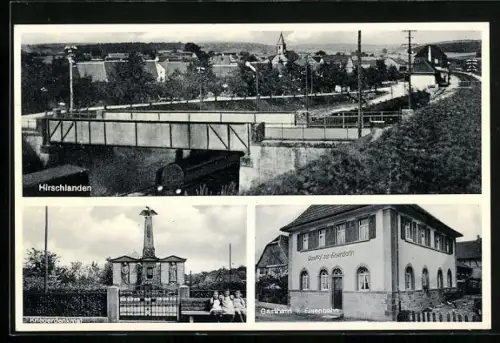 AK Hirschlanden, Gasthaus zur Eisenbahn, Inh. Karl Baumann, Kriegerdenkmal