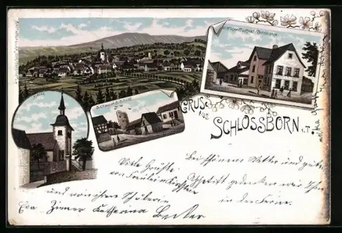 Lithographie Schlossborn i. T., Gasthaus Franz Frankenbach, Kirche, Burgruine
