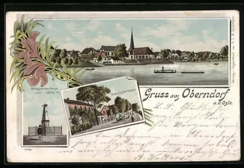 Lithographie Oberndorf a. d. Oste, Ortsansicht, Kriegerdenkmal 1870/71, Bahnhofstrasse