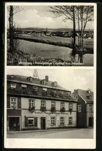 AK Münchberg, Gasthof Metzgerei Robert Pöhlmann, Ortsansicht