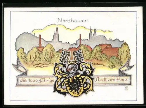 Künstler-AK Nordhausen am Harz, Stadtansicht mit Wappen