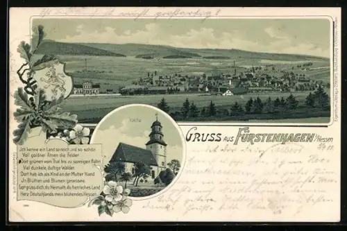 Lithographie Fürstenhagen / Hessen, Gesamtansicht mit Bahnhof und Wappen, Kirche