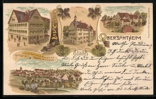 Lithographie Obersontheim, Gasthof zum Schwanen, Rathaus, Schloss und Totalansicht