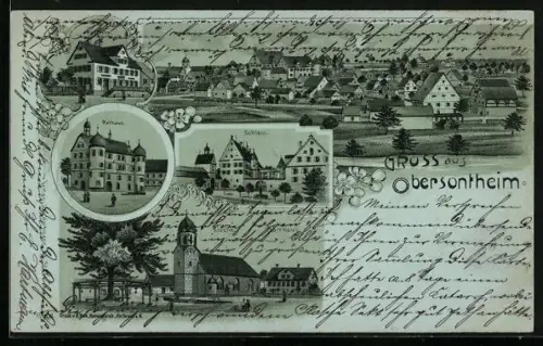 Mondschein-Lithographie Obersontheim, Schloss, Rathaus, Kirche und Apotheke