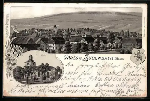 Lithographie Laudenbach / Hessen, Kirche, Totalansicht, Wappen