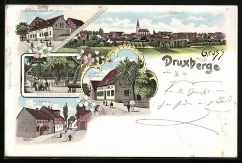 Lithographie Druxberge, Danzmann`s Gasthof, Kühne`s Gesellschaftsgarten, Bode`s Gasthof und Dorfstrasse