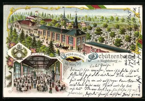 Lithographie Magdeburg, Cafe & Gasthaus Schützenhaus von G. Dey
