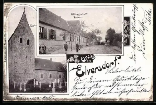AK Elversdorf, Gasthaus von Peters, Kirche mit Friedhof