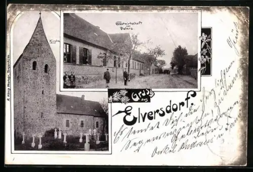 AK Elversdorf, Gasthaus von Peters, Kirche mit Friedhof