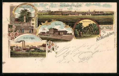 Lithographie Kl. Wanzleben, Bahnhof, Zucker-Fabrik, Kriegerdenkmal und Parkansicht