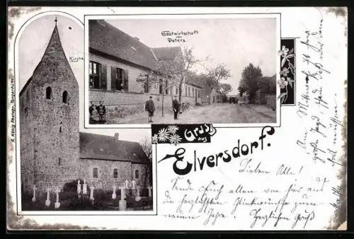 AK Elversdorf, Gasthaus von Peters, Kirche mit Friedhof