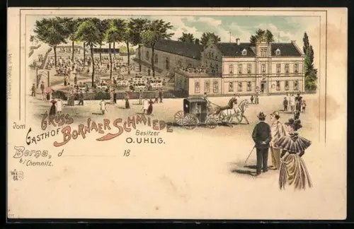 Lithographie Borna /Chemnitz, Gasthof Bornaer Schmiede, Bes. O. Uhlig