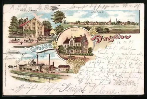 Lithographie Dingelbe, Gasthof Himstedt, Schule und Zuckerfabrik