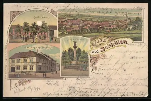 Lithographie Schkölen / Thür., Gasthof zum Ratskeller, Schützenhaus und Kriegerdenkmal