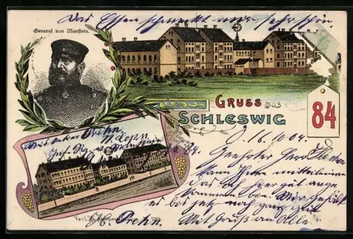 Lithographie Schleswig, Regiment 84, Kaserne und General von Manstein