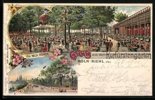 Lithographie Köln-Riehl, Gasthaus Kurfürstengarten v. W. Höher mit Gartenlokal, Kaiser Friedrich-Ufer