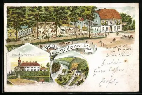 Lithographie Lichtenwalde, Restaurant und Fleischerei von Hermann Kurschner